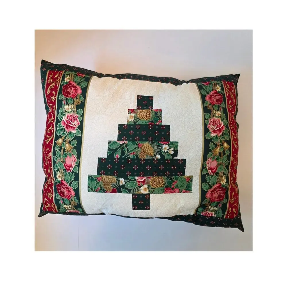 VTG Handmade Quilted Christmas Log Cabin Pillow Green Red Floral Cottagecore